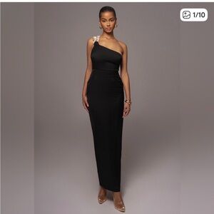 JLUXLABEL Elegant Black One-Shoulder Dress with Pearl Detail